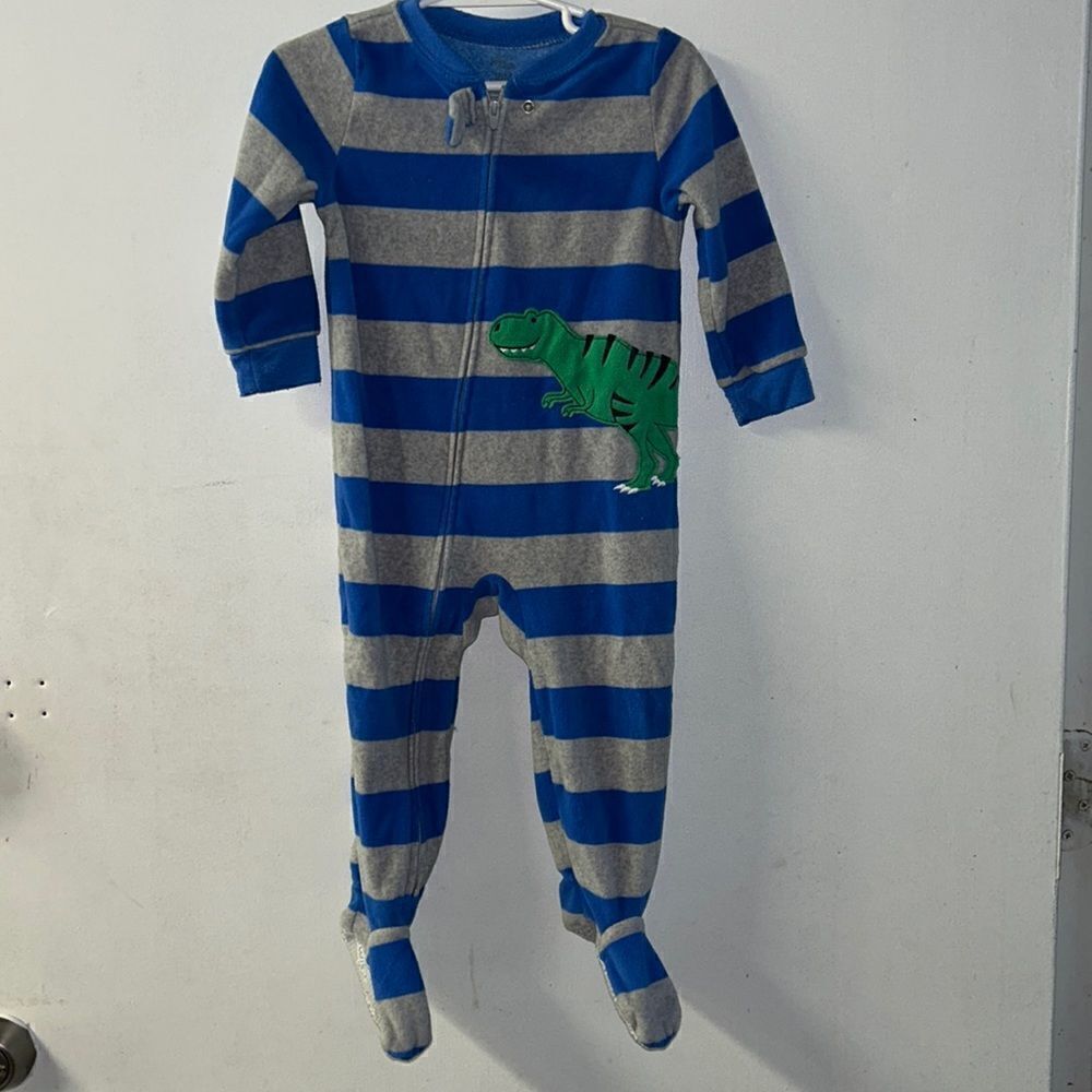 Blue and Gray Striped Dino Footed Pajamas - Kids